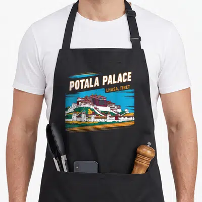 Tablier de cuisine noir avec illustration colorée du Palais du Potala et texte blanc Potala Palace Lhasa Tibet