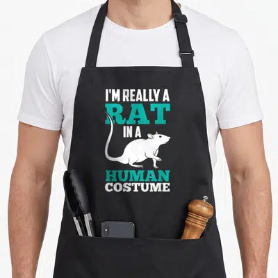 Tablier de cuisine noir avec une illustration de rat blanc et le texte Je Suis Vraiment Un Rat Dans Un Costume Humain en blanc et turquoise.