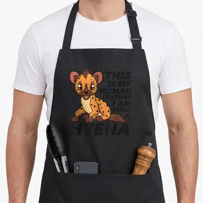 Tablier de cuisine noir avec illustration d'une hyène souriante et texte en anglais.