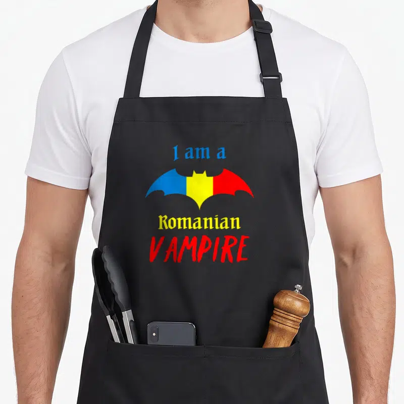Tablier de cuisine noir avec illustration vampire aux ailes tricolores et texte humoristique en anglais.