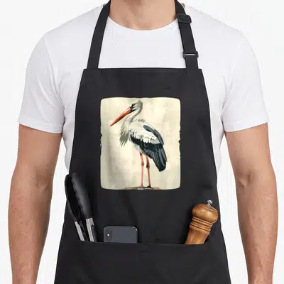 Tablier de cuisine noir avec illustration détaillée d'une cigogne aux plumes noires et blanches sur fond crème vieilli.