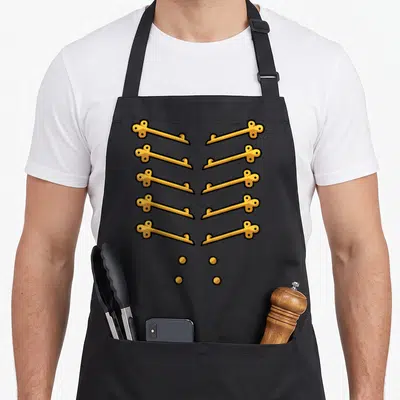 Tablier de cuisine noir avec motif d'épaulettes dorées et boutons imitation uniforme militaire.