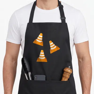 Tablier de cuisine noir orné de trois cônes de signalisation orange à bandes blanches usées.
