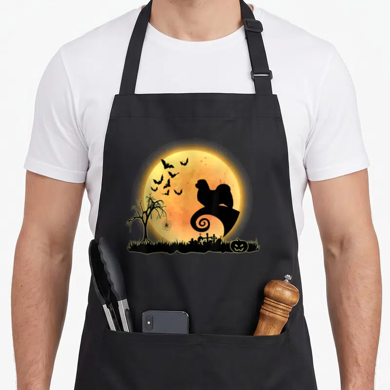 Tablier de cuisine noir avec silhouette épagneul tibétain et lune orange Halloween