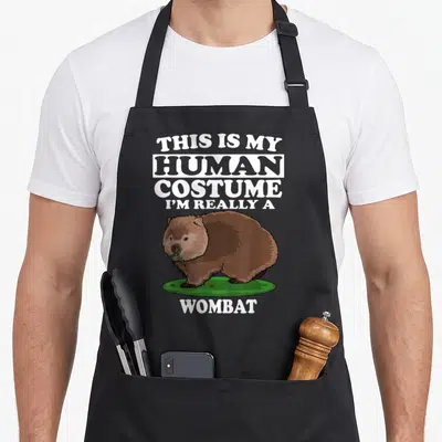 Tablier de cuisine noir avec illustration d'un wombat bruns et texte humoristique blanc sur fond uni.