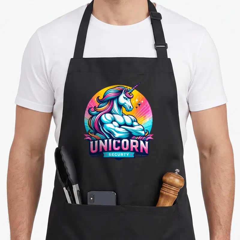 Tablier de cuisine noir avec une illustration de licorne musclée et le texte UNICORN SECURITY en lettres roses.