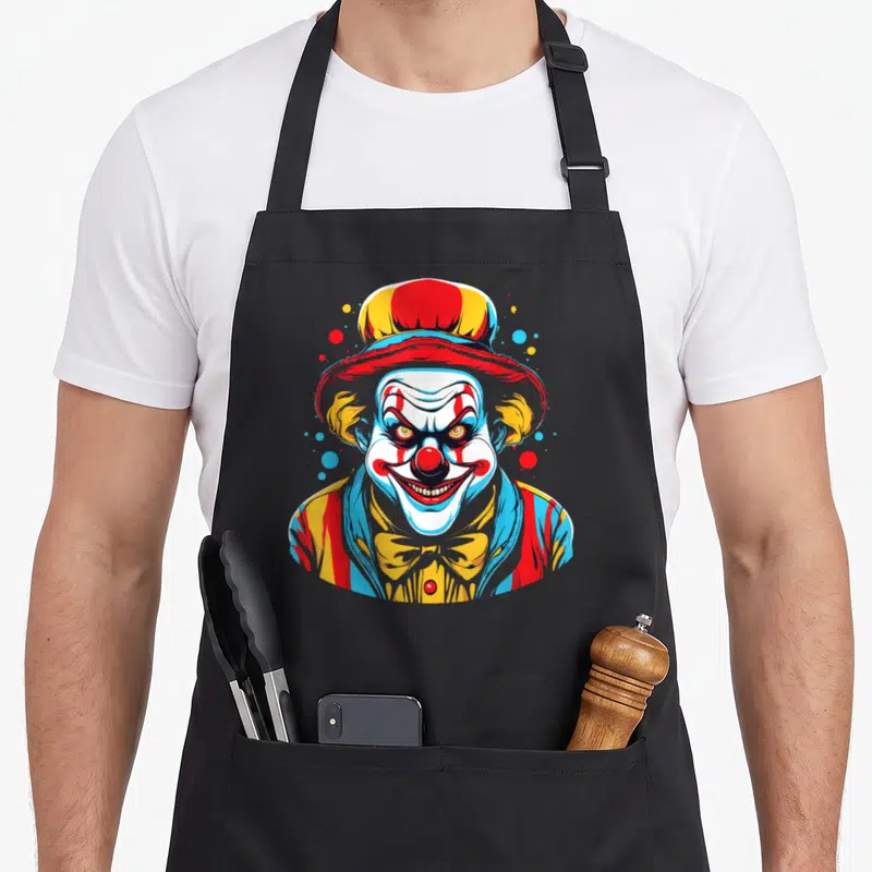 Tablier de cuisine noir avec illustration d'un clown effrayant au sourire large et chapeau multicolore.