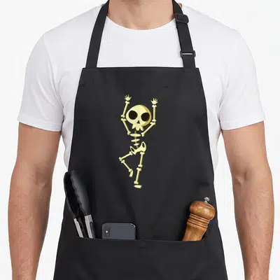 Tablier de cuisine noir avec un squelette jaune dansant et le texte Cool Happy Halloween Day imprimé au centre.