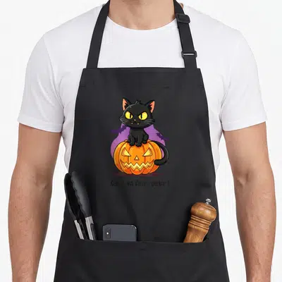 Tablier de cuisine noir avec illustration d'un chat noir sur une citrouille et le texte Chat va faire peur.