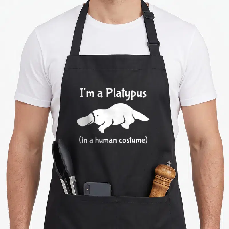 Tablier de cuisine noir avec silhouette d'ornithorynque blanc et texte humoristique en anglais.