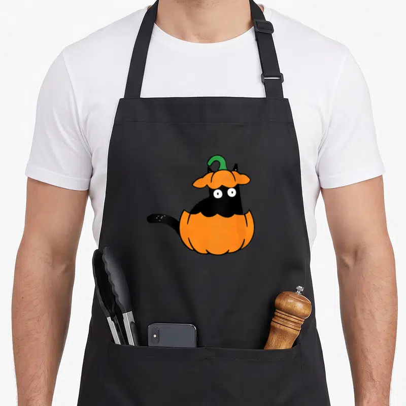 Tablier de cuisine noir avec un chat noir drôle sortant d'une citrouille orange pour Halloween automne.