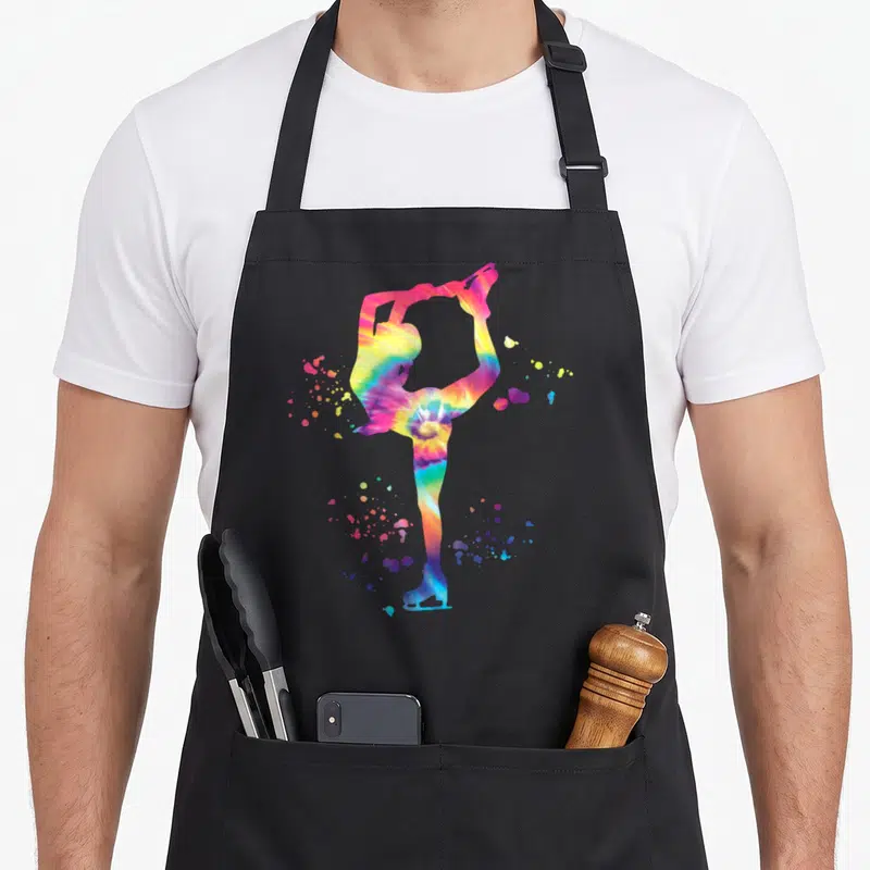 Tablier de cuisine noir avec silhouette de patineuse artistique aux couleurs tie-dye éclatantes