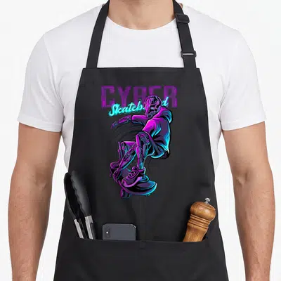 Tablier de cuisine noir avec un skateur robotisé violet et cyan en mouvement sous le texte CYBER Skateboarded.