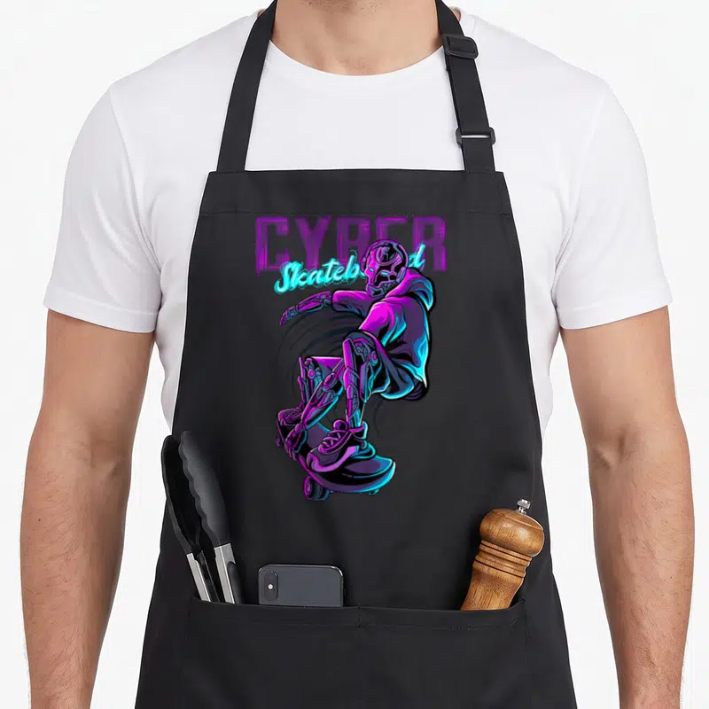 Tablier de cuisine noir avec un skateur robotisé violet et cyan en mouvement sous le texte CYBER Skateboarded.