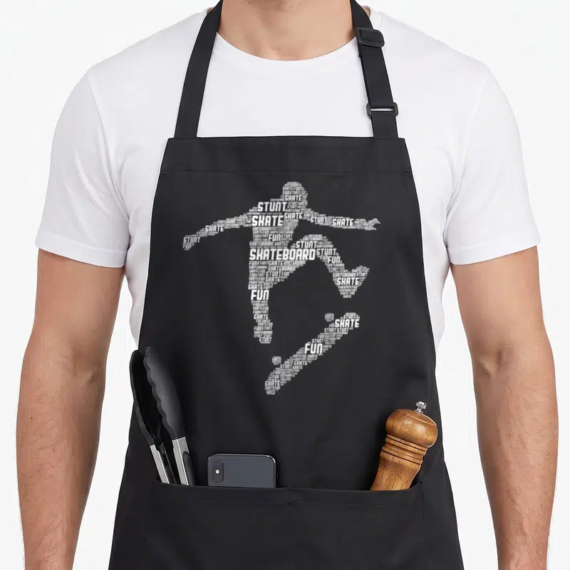 Tablier de cuisine noir avec silhouette de skater formée par les mots Skateboard, Shate, Stunt et Fun en typographie blanche.