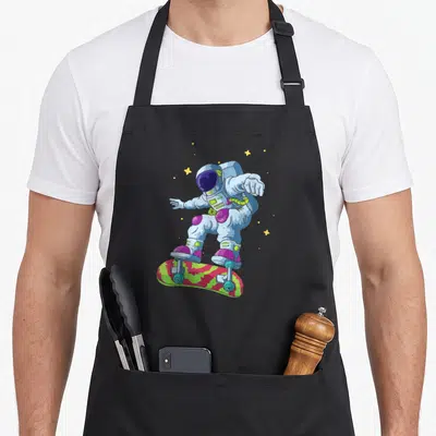 Tablier de cuisine noir avec astronaute sur planche à roulettes spatiale colorée