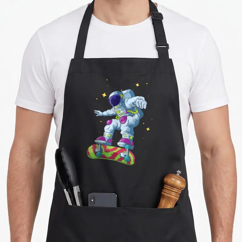 Tablier de cuisine noir avec astronaute sur planche à roulettes spatiale colorée