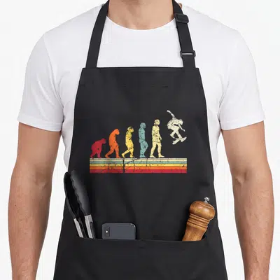 Tablier de cuisine noir avec silhouette évolutive devenant un skateur sur fond arc-en-ciel dégradé vintage.
