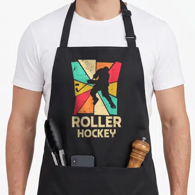 Tablier de cuisine noir avec silhouette de patineur et texte Roller Hockey sur fond géométrique multicolore vintage