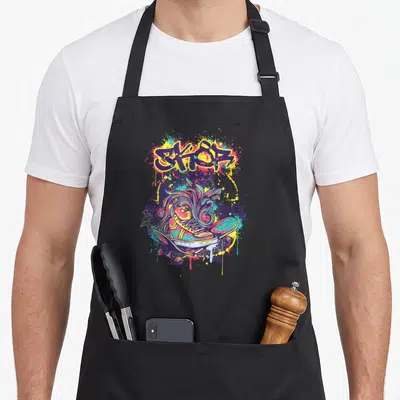 Tablier de cuisine noir avec illustration skateboard graffiti multicolore et texte stylisé SKATER en haut.