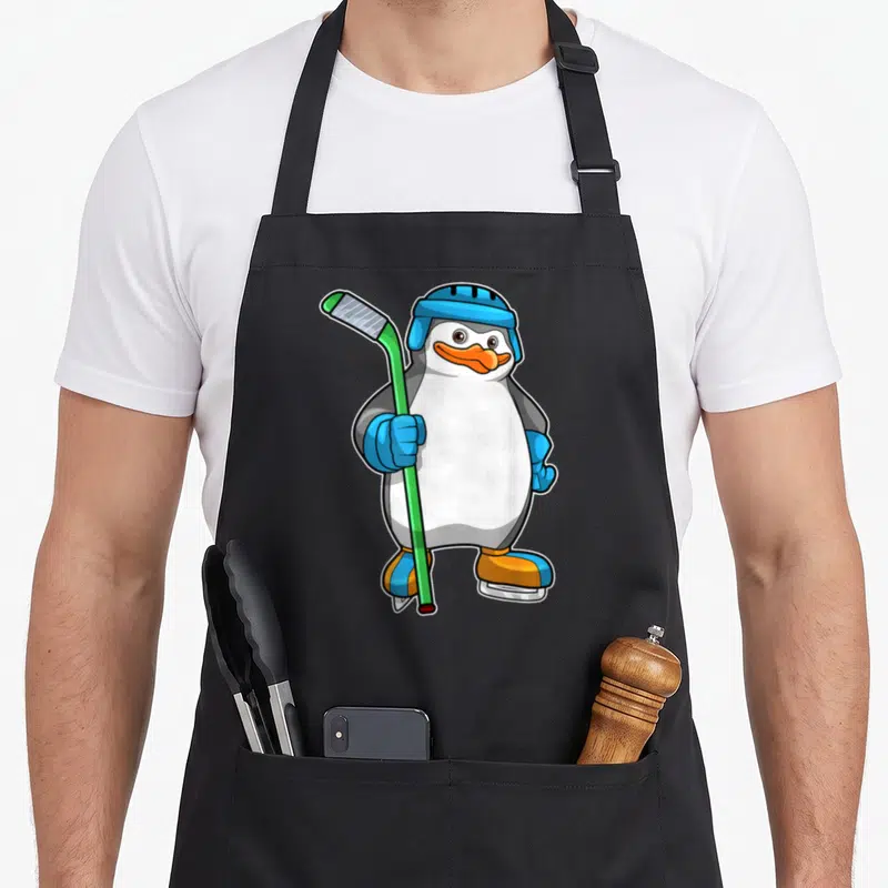 Tablier de cuisine noir avec pingouin joueur de hockey sur glace tenant une crosse verte et portant un casque bleu.