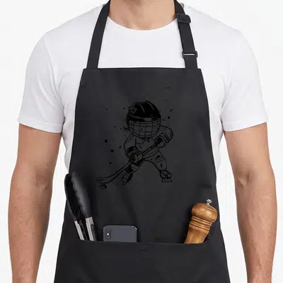 Tablier de cuisine noir avec illustration d'un petit joueur de hockey sur glace au casque et à la crosse en style comic.