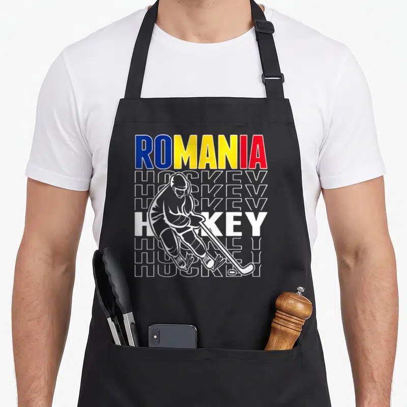 Tablier de cuisine noir avec illustration blanche d'un joueur de hockey et le mot ROMANIA aux couleurs du drapeau.