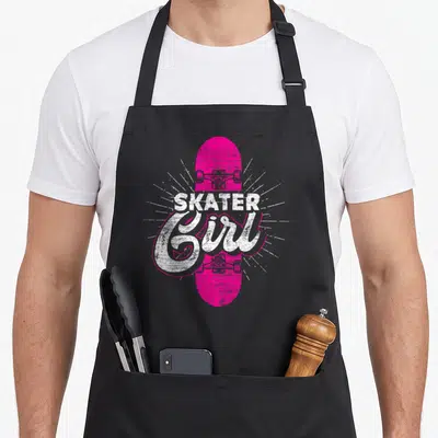 Tablier de cuisine noir avec illustration d'un skateboard rose vif et du texte Skater Girl en blanc stylisé.