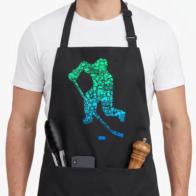 Tablier de cuisine noir avec silhouette bleue d'un joueur de hockey sur glace composée d'équipements sportifs.