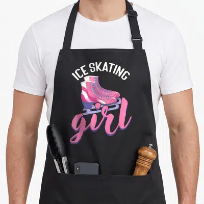 Tablier de cuisine noir avec illustration de patins à roulettes roses et texte Ice Skating girl en rose vif.
