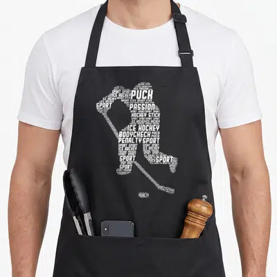Tablier de cuisine noir avec silhouette de joueur de hockey formée par des mots blancs comme Puck et Sport.