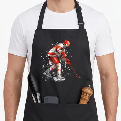 Tablier de cuisine noir avec illustration d'un joueur de hockey sur glace en tenue rouge et blanche.