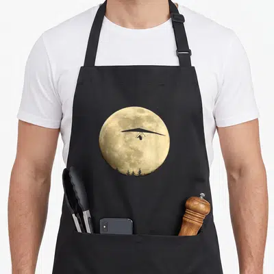 Tablier de cuisine noir avec une grande lune jaune et un profil de vol libre suspendu devant elle.