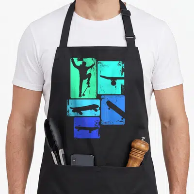 Tablier de cuisine noir avec silhouettes de skaters et planches de skateboard sur fonds turquoise et bleu délavé style urbain.