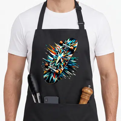 Tablier de cuisine noir avec skateboard polygon art skater aux couleurs vives et motifs géométriques éclatants.