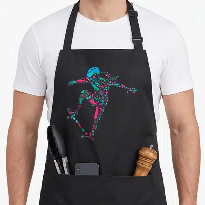 Tablier de cuisine noir avec une illustration colorée d'une fille skateuse formée par des pièces mécaniques.