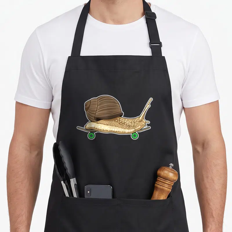 Tablier de cuisine noir avec illustration d'un escargot glissant sur un skateboard aux roues vertes vives.
