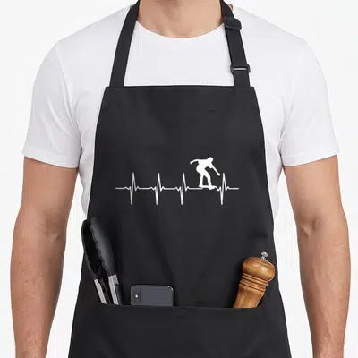 Tablier de cuisine noir avec silhouette blanche skateboarder sur une ligne de battement de coeur.