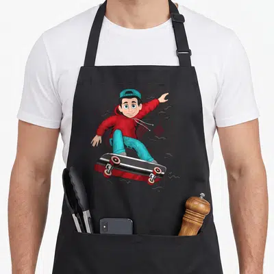 Tablier de cuisine noir avec un enfant skateboard pour garçon en pull rouge et casquette bleue.