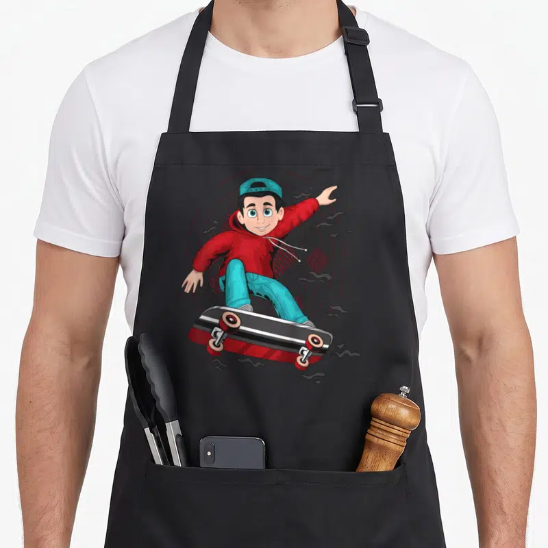 Tablier de cuisine noir avec un enfant skateboard pour garçon en pull rouge et casquette bleue.