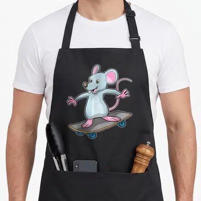 Tablier de cuisine noir avec une souris grise sur skateboard aux roues bleues et oreilles roses.