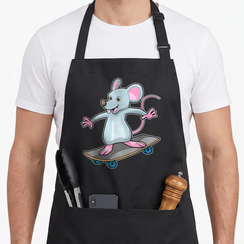 Tablier de cuisine noir avec une souris grise sur skateboard aux roues bleues et oreilles roses.