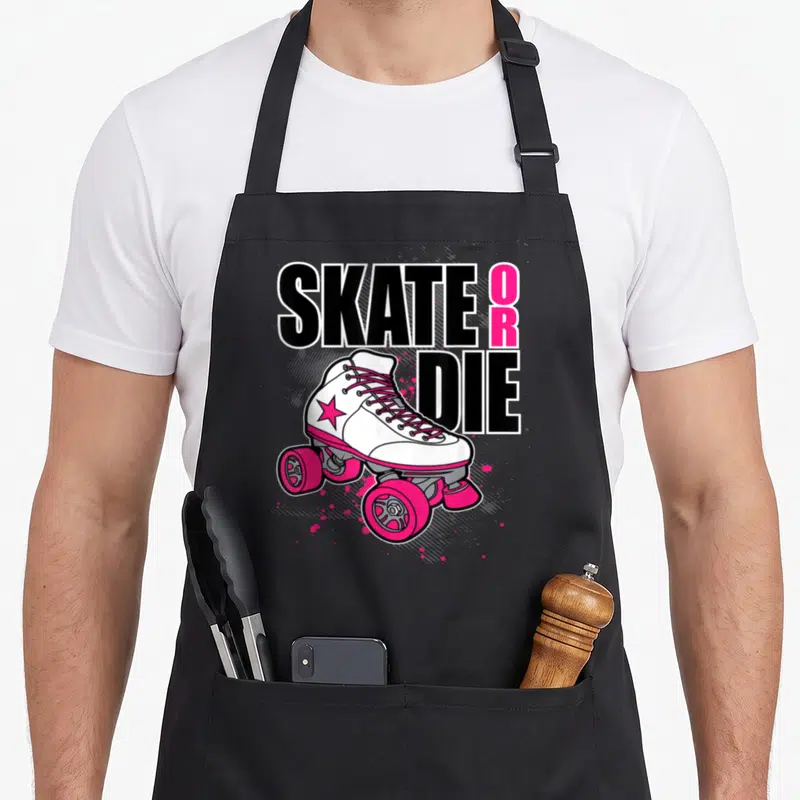 Tablier de cuisine noir avec patin à roulettes blanc et rose et texte Skate or Die.