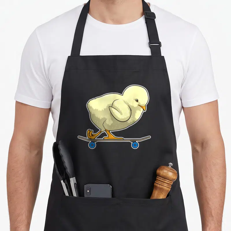 Tablier de cuisine noir avec illustration d'un poussin skater skateboard sport jaune et orange.
