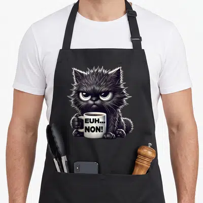 Tablier de cuisine noir avec illustration d'un chat noir poilu tenant une tasse blanche sur laquelle est écrit euah non en lettres noires.