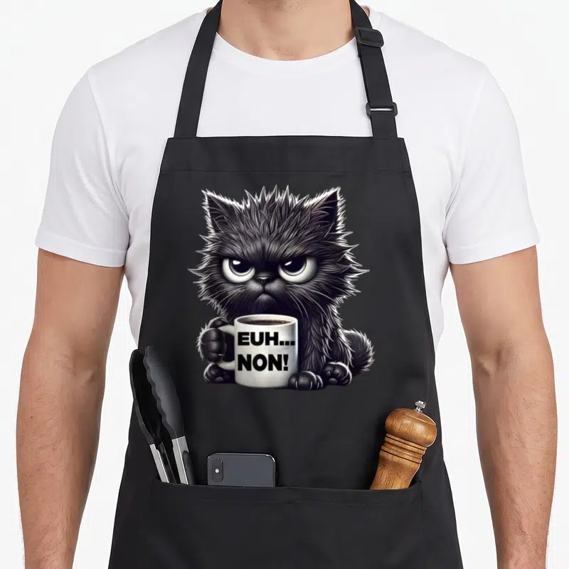 Tablier de cuisine noir avec illustration d'un chat noir poilu tenant une tasse blanche sur laquelle est écrit euah non en lettres noires.