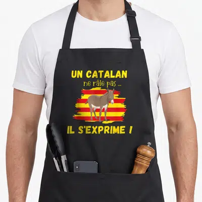 Tablier de cuisine noir avec illustration d'un âne sur bandes rouges et jaunes et texte humoristique en jaune.
