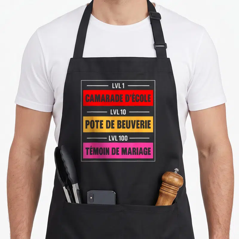 Tablier de cuisine noir avec inscription Lvl 100 Témoin de Mariage Camarade d'école Pote de beuverie en couleurs vives.