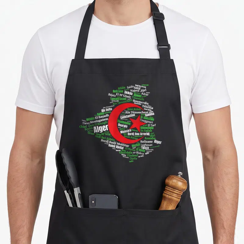 Tablier de cuisine noir avec une carte de l'Algérie stylisée en nuage de mots et le drapeau national au centre.