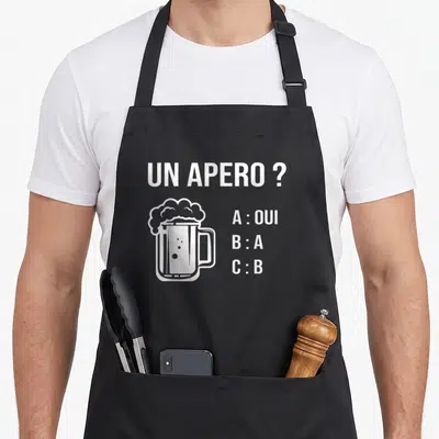 Tablier de cuisine noir avec texte un apero oui et dessin de mug de bière en blanc.